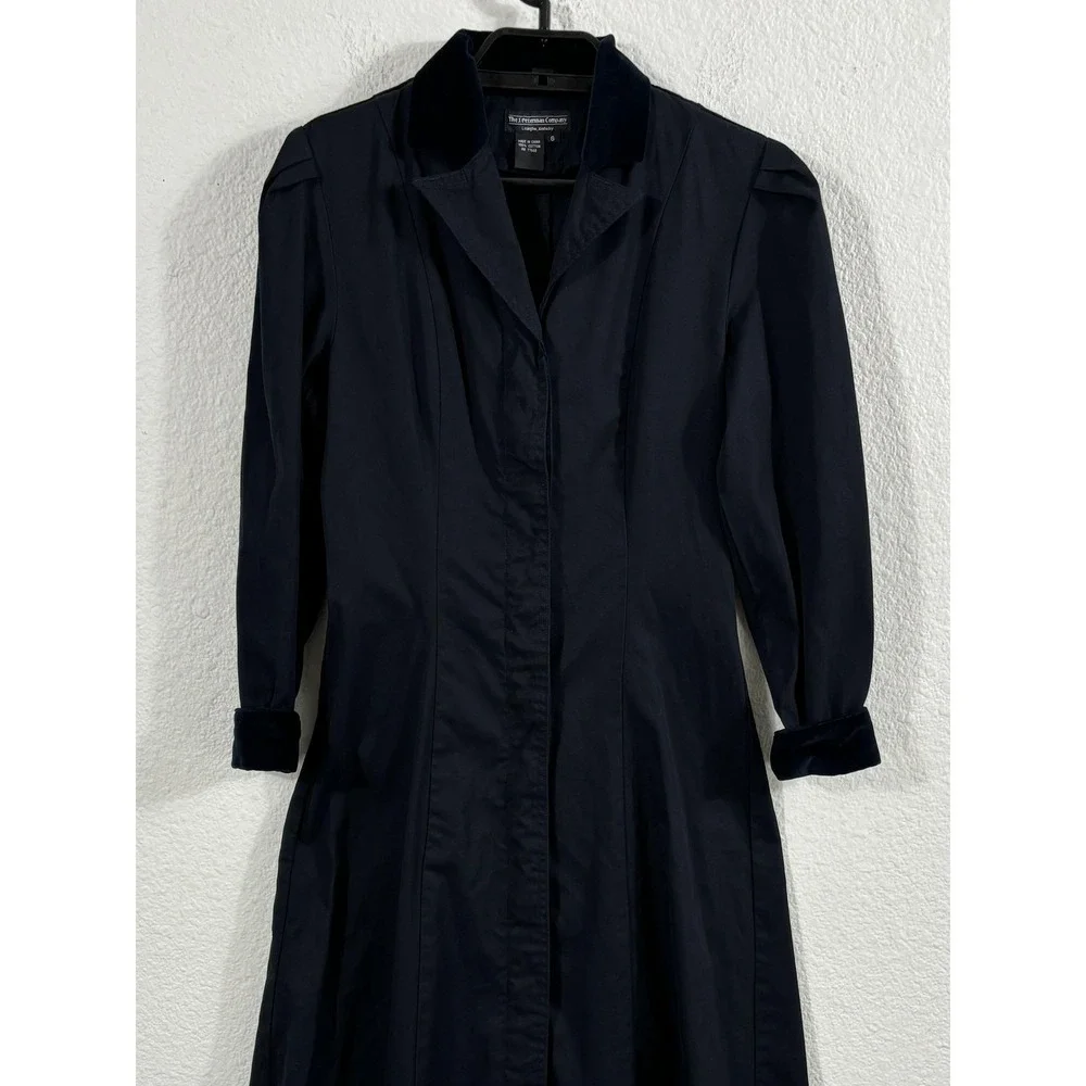 J Peterman Company Dress Womens 6 Navy Blue Velvet Collar Cuffs Long Midi A-Line